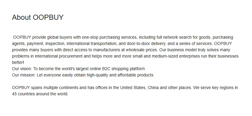 Oopbuy About page describing its one-stop purchasing service