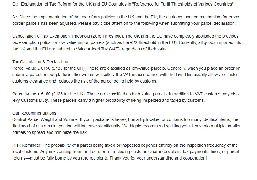 Oopbuy Customs and Taxation page, section on UK and EU VAT thresholds