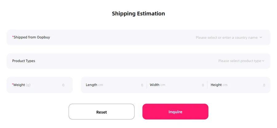 Oopbuy shipping estimation form with country, product type and weight fields