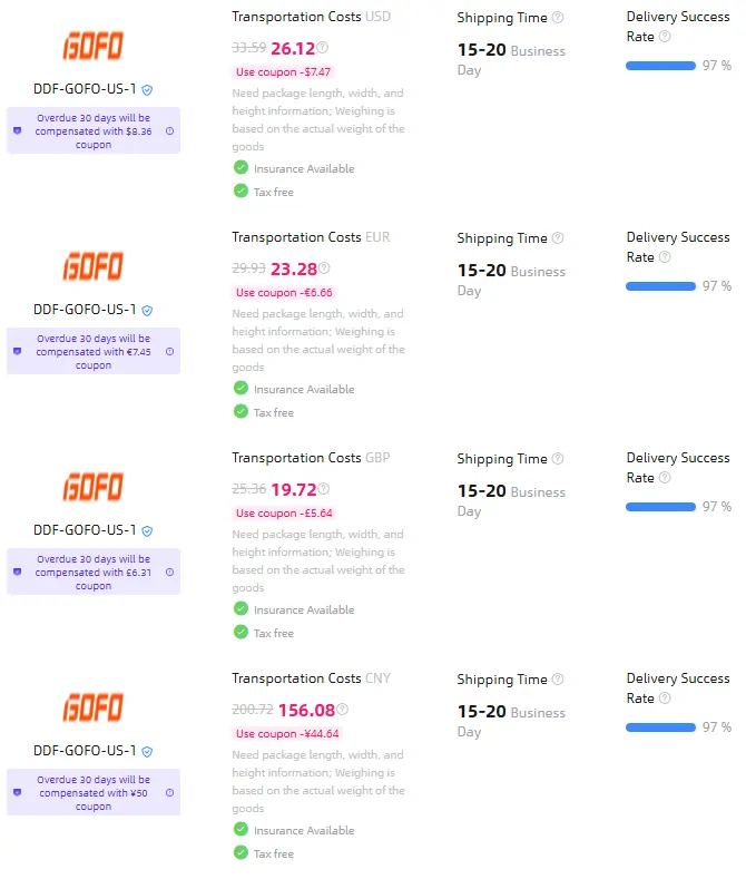 One Oopbuy line shown in dollars, euros, pounds and yuan with coupon prices, stacked