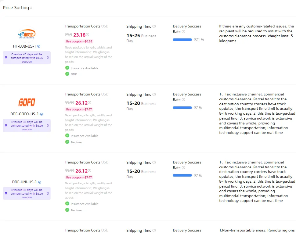 Oopbuy estimator results listing shipping lines with price, time and success rate