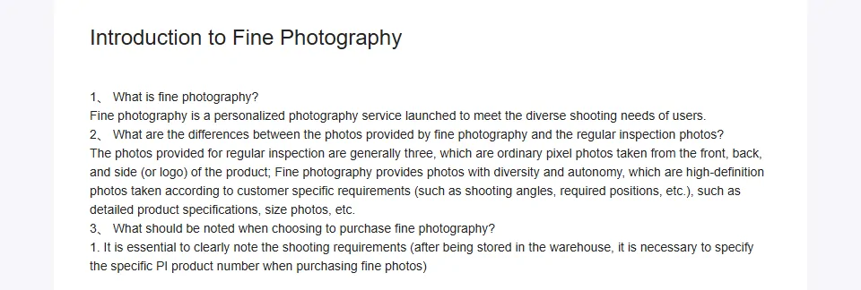 Oopbuy help page introducing fine photography and standard inspection photos