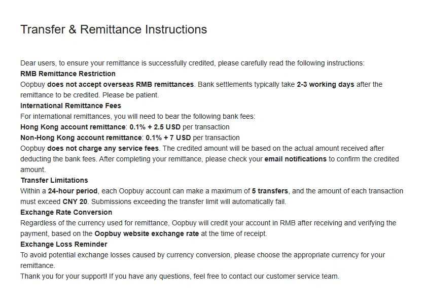 Oopbuy Transfer and Remittance Instructions with fees, limits and exchange rate conversion