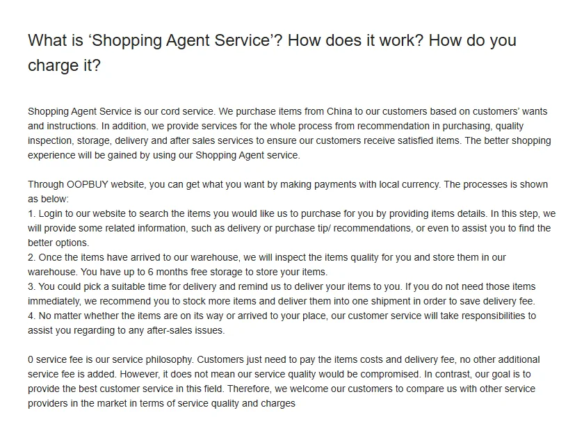 Oopbuy help article What is Shopping Agent Service with the zero service fee line