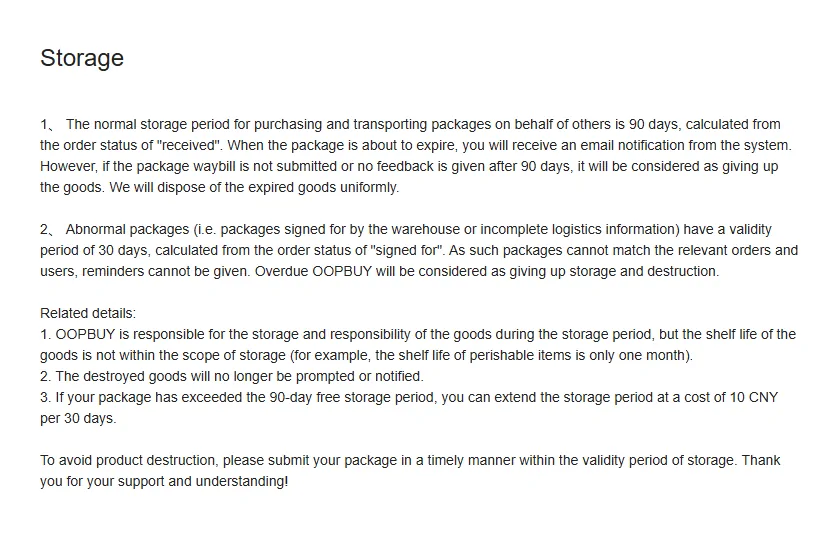 Oopbuy Storage help page with storage period and fee