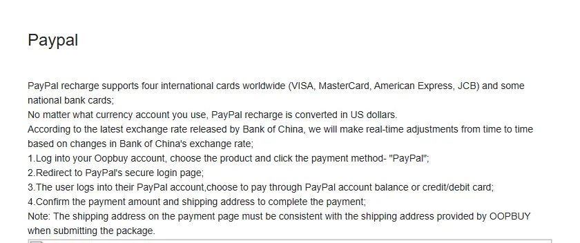 Oopbuy PayPal help page saying PayPal top-ups are converted in US dollars