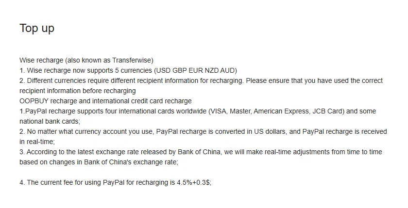 Oopbuy Top up help page text about PayPal and the Bank of China rate