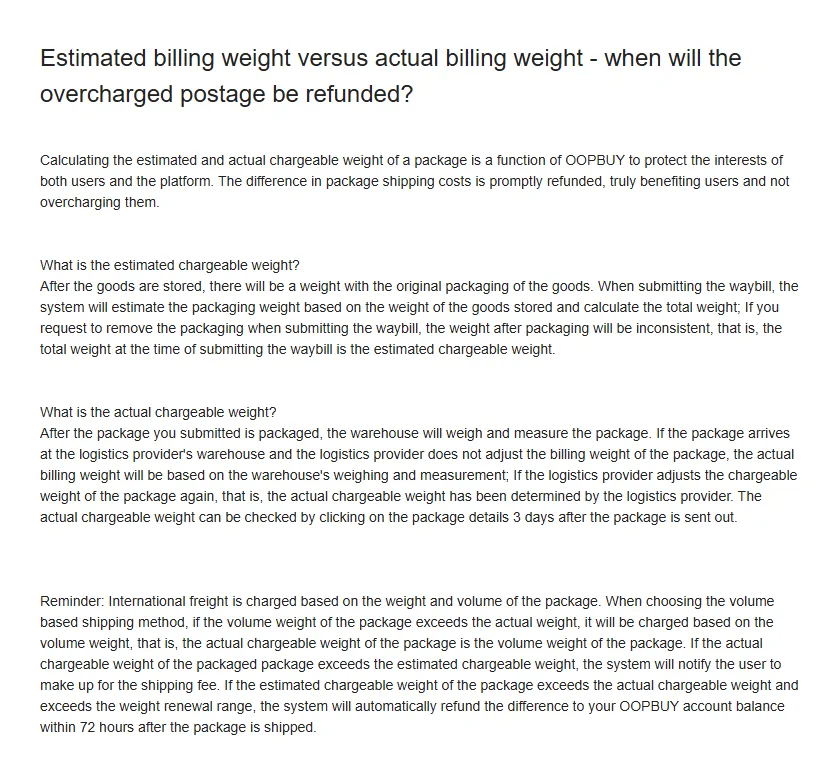 Oopbuy help article on estimated versus actual chargeable weight