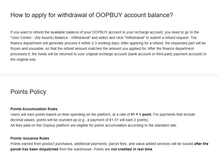 Oopbuy withdrawal article above the points policy rules