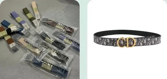 Rolled webbing belts in sleeves next to a printed belt with a metal buckle