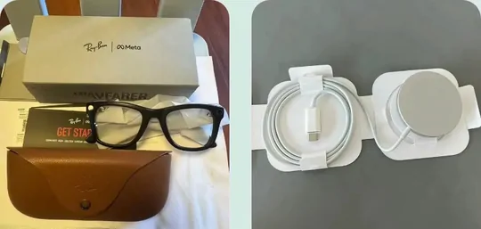 Smart glasses in a case next to a coiled charging cable and charger