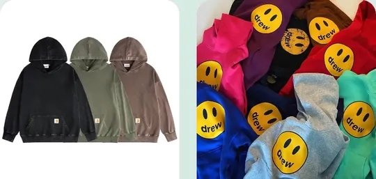 Three plain hooded sweatshirts in black, olive and brown