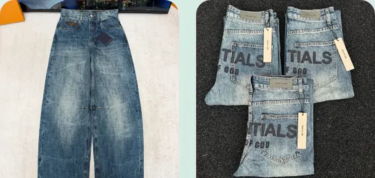 Wide leg blue jeans next to stacked washed denim with paper tags