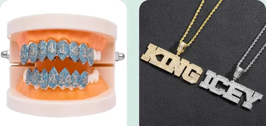 Pendant chain and a cast grill set on a display stand