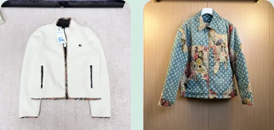 Cream fleece zip jacket beside a patterned denim work jacket