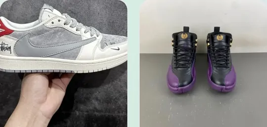 Grey suede low-top sneaker held in one hand and a purple and black high-top pair