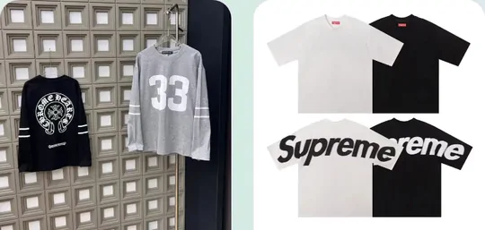 White and black short sleeve tees laid flat with large chest prints