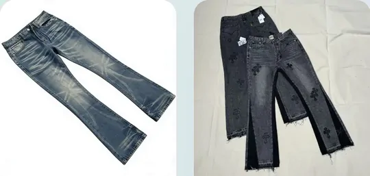 Two pairs of flared jeans in blue and washed black